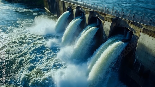 A close-up of water rushing through a hydroelectric dam's sluice gates, highlighting the energy potential of hydropower photo