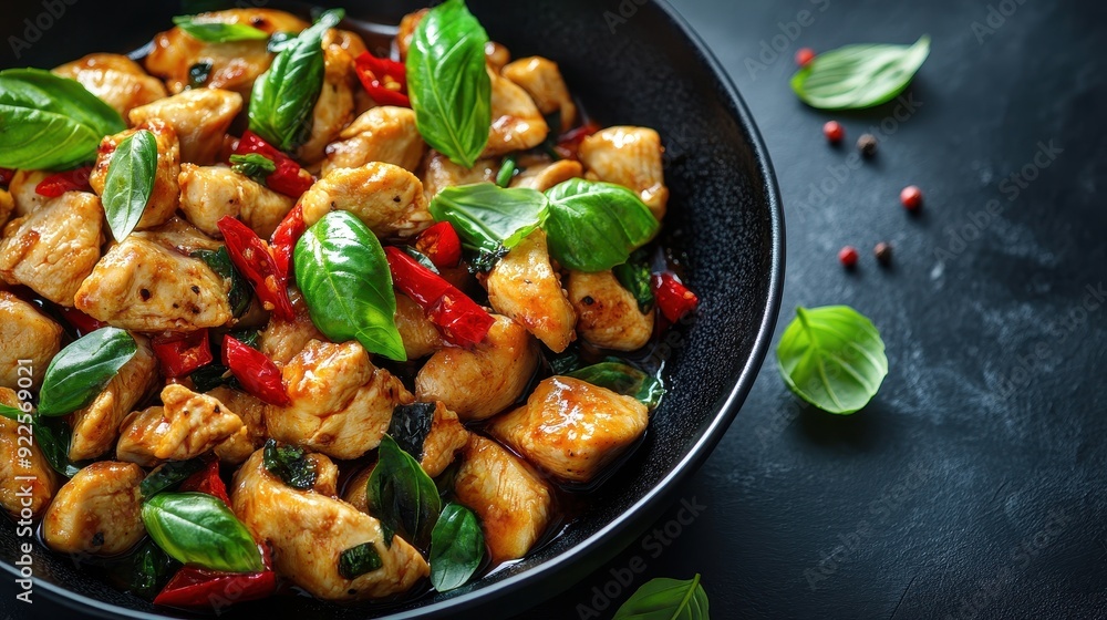 A vibrant dish of chicken, basil, and chili peppers, showcasing colorful ingredients in a modern culinary presentation. A vibrant dish of chicken, basil, and chili peppers, showcasing colorful ingredients in a modern culinary presentation.