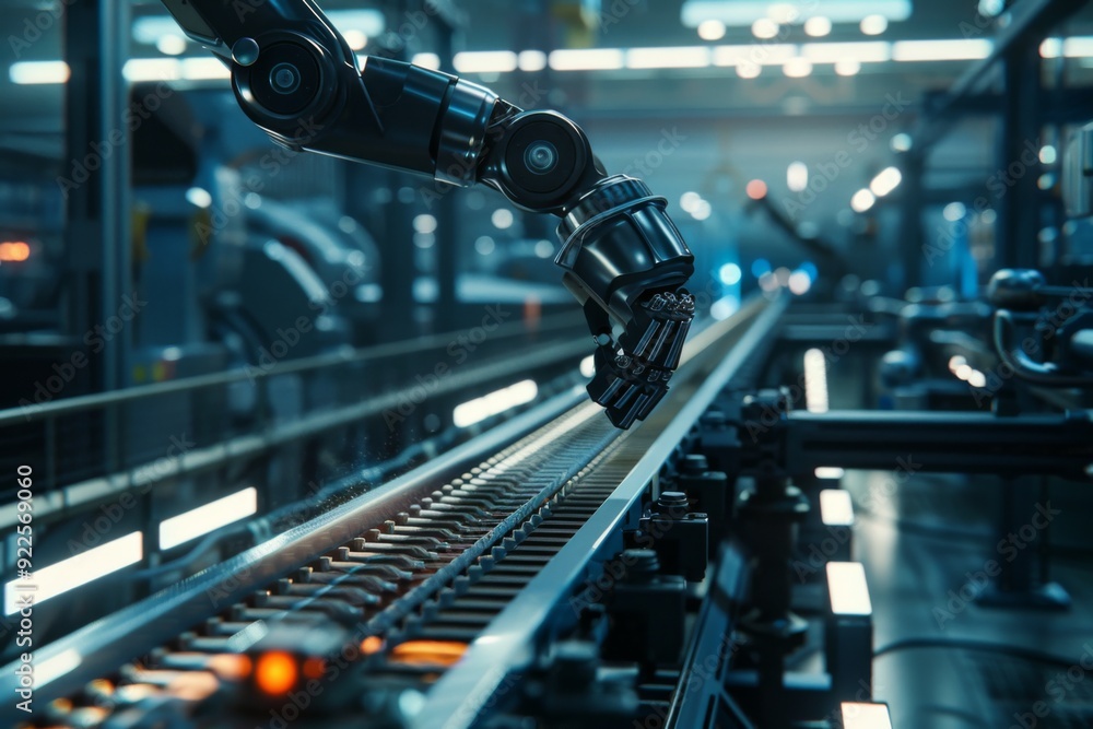 Robot arm on conveyor belt in factory Robot arm on conveyor belt in factory