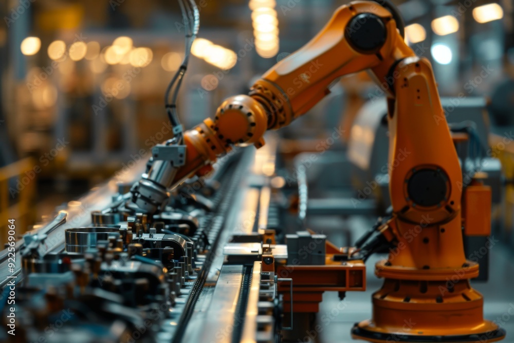 Robot arm on conveyor belt in factory Robot arm on conveyor belt in factory
