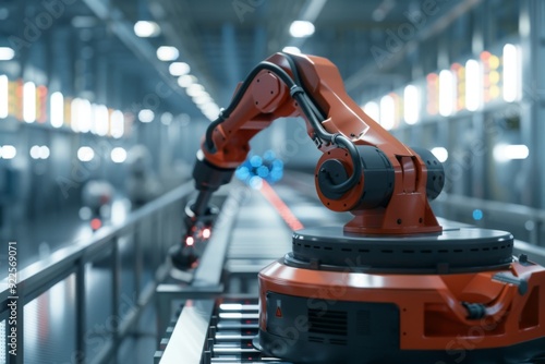 Robot arm on conveyor belt in factory