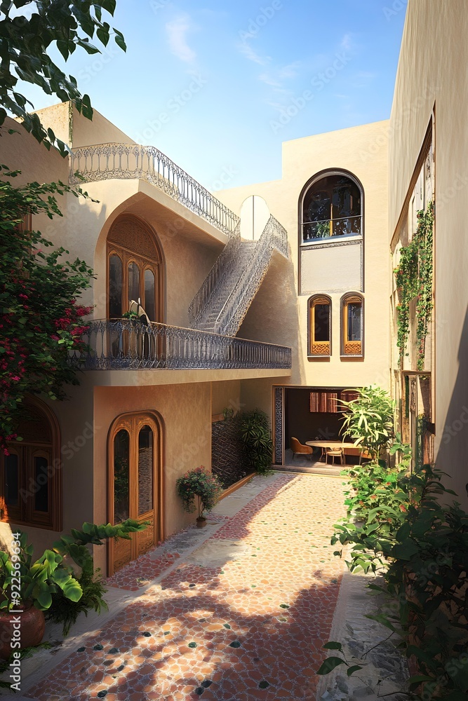 Naklejka premium Traditional Middle Eastern Courtyard with Stone Floor and Plants