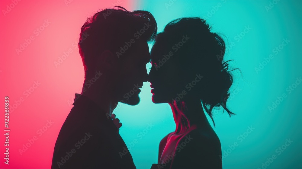 A romantic couple posing for a neon-lit portrait, their silhouettes outlined in bright, glowing colors that create a dramatic and intimate atmosphere. A romantic couple posing for a neon-lit portrait, their silhouettes outlined in bright, glowing colors that create a dramatic and intimate atmosphere.