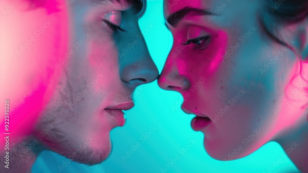 Close-up of a couple in love, their faces softly lit by neon lights that highlight their expressions and emotions. Close-up of a couple in love, their faces softly lit by neon lights that highlight their expressions and emotions.