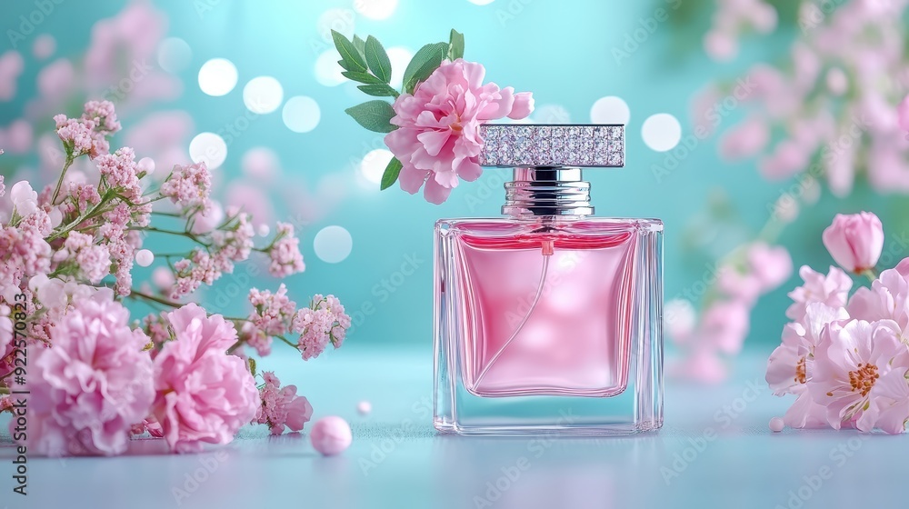 Elegant perfume bottle surrounded by delicate pink flowers, showcasing floral fragrance in a serene pastel setting. Elegant perfume bottle surrounded by delicate pink flowers, showcasing floral fragrance in a serene pastel setting.
