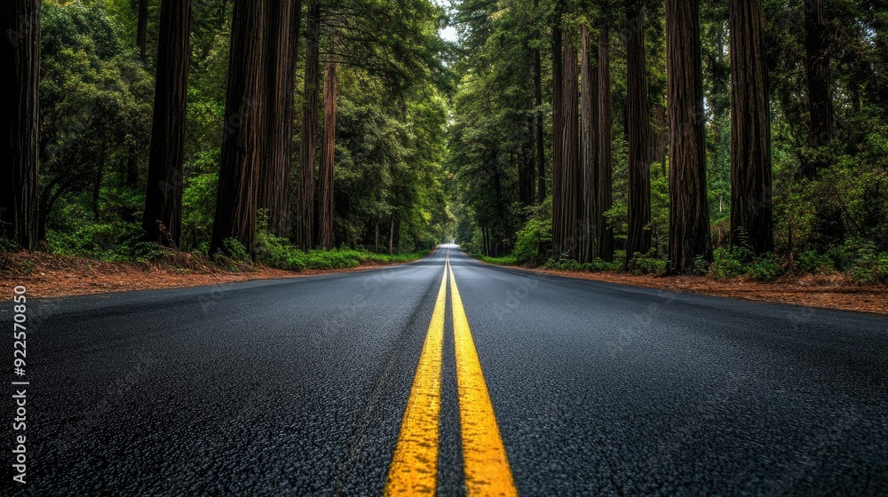 A scenic road lined with trees on both sides, with a yellow line guiding the way down the middle, creating a peaceful drive. A scenic road lined with trees on both sides, with a yellow line guiding the way down the middle, creating a peaceful drive.