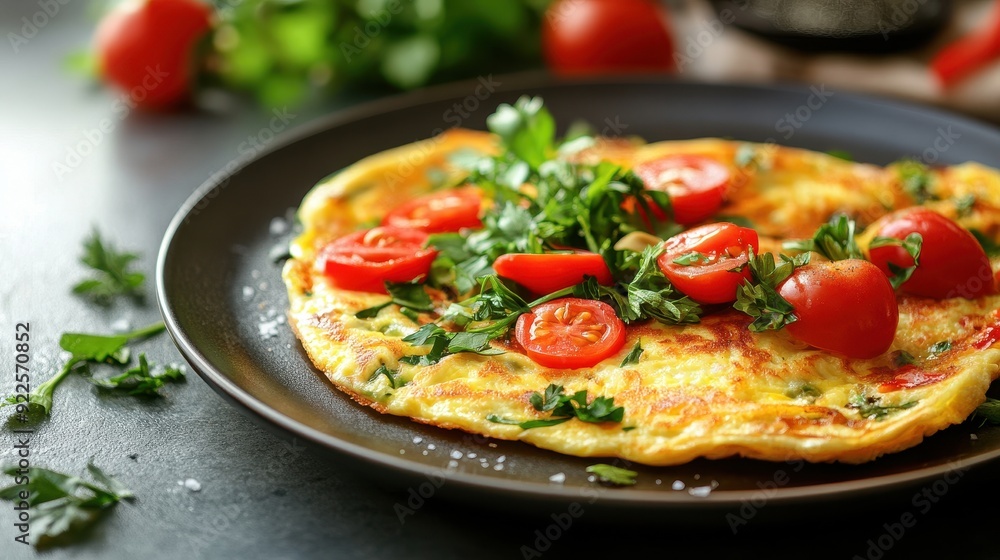 Delicious omelette topped with fresh tomatoes and herbs on a black plate, perfect for a nutritious meal. Delicious omelette topped with fresh tomatoes and herbs on a black plate, perfect for a nutritious meal.