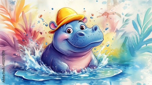 hand-drawn painting of a cartoon hippo with a bright yellow hat, splashing happily in a large puddle with playful water droplets all around.  photo