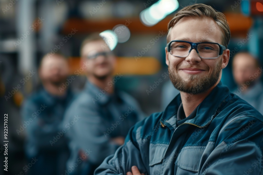 Fototapeta premium Portrait of a smiling factory worker in a group of coworkers