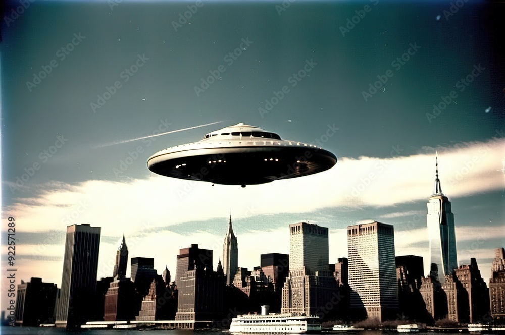 UFO flies over New York. Old photo UFO flies over New York. Old photo