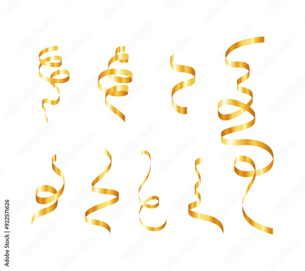 Gold confetti. Serpentine spiral ribbons. Golden luxury party decor. Gold confetti. Serpentine spiral ribbons. Golden luxury party decor.