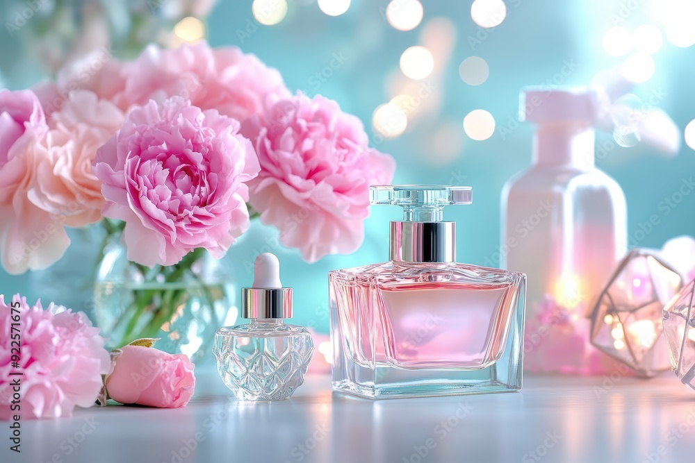 Elegant perfume bottles surrounded by pink flowers create a romantic ambiance, perfect for beauty and fragrance themes. Elegant perfume bottles surrounded by pink flowers create a romantic ambiance, perfect for beauty and fragrance themes.