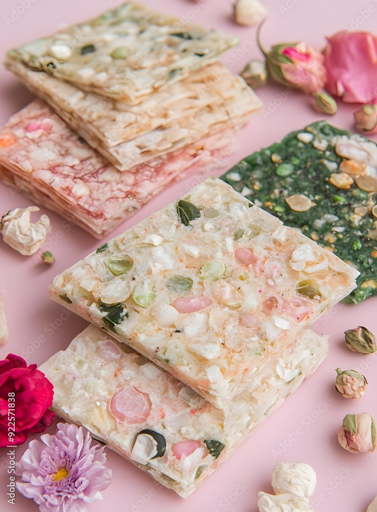 Close up of Colorful Rice Crackers with Dried Flowers on Pink Background Close up of Colorful Rice Crackers with Dried Flowers on Pink Background