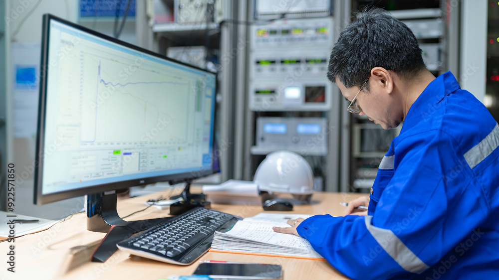 Engineer working at control room,Manager control system,Technician man monitoring program from a lot of monitor Engineer working at control room,Manager control system,Technician man monitoring program from a lot of monitor