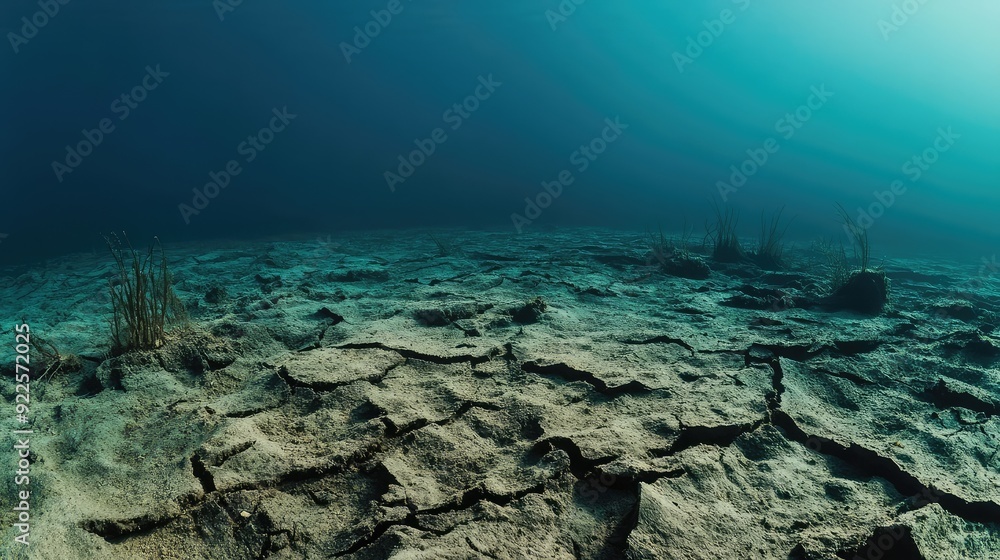 Fototapeta premium Parched ocean floor with cracked ground and remnants of marine vegetation.