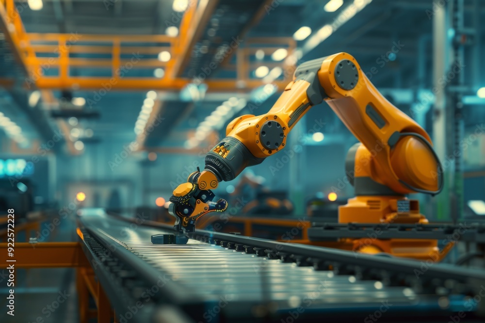 Robot arm on conveyor belt in factory Robot arm on conveyor belt in factory