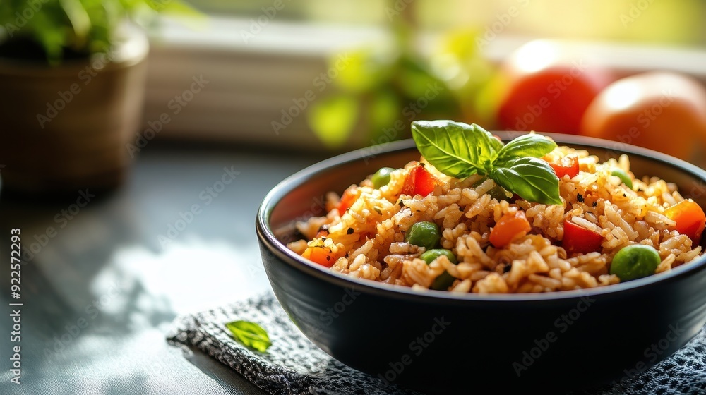 Fresh vegetable rice dish in a bowl garnished with basil leaves, served on a cozy kitchen table with natural light. Fresh vegetable rice dish in a bowl garnished with basil leaves, served on a cozy kitchen table with natural light.