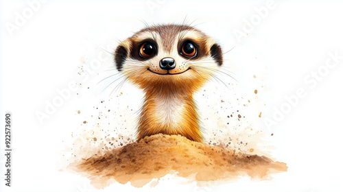 painting of a cartoon meerkat standing upright with a big smile, looking out from behind a pile of sand. watercolor scene includes warm browns and bright, with the meerkat isolated on background photo