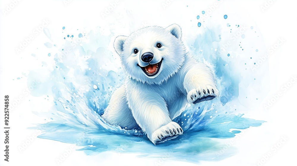 painting of a cartoon polar bear with a big, joyful smile, sliding playfully on its belly across the ice. watercolor scene features bright whites and soft blues, isolated on a clean background painting of a cartoon polar bear with a big, joyful smile, sliding playfully on its belly across the ice. watercolor scene features bright whites and soft blues, isolated on a clean background