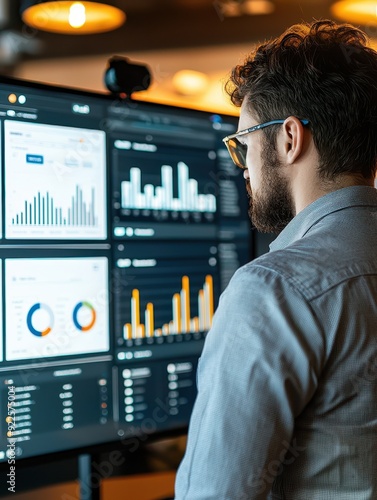 Digital Marketing Expert Monitoring Local Business Listings Performance on Cinematic Screen for Improved Search Rankings