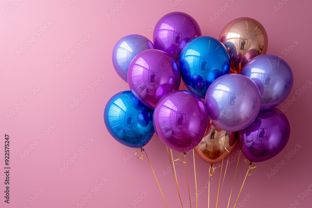 Purple and blue shiny metallic balloons with a pink background for party decoration Purple and blue shiny metallic balloons with a pink background for party decoration