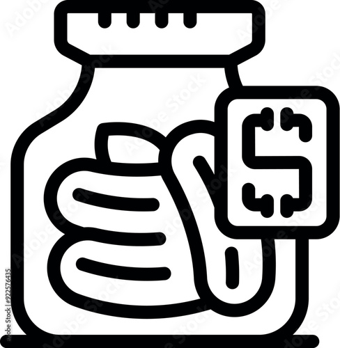 Line art icon of a pharmacy jar containing medicine with a high price tag, representing the rising cost of healthcare and pharmaceuticals