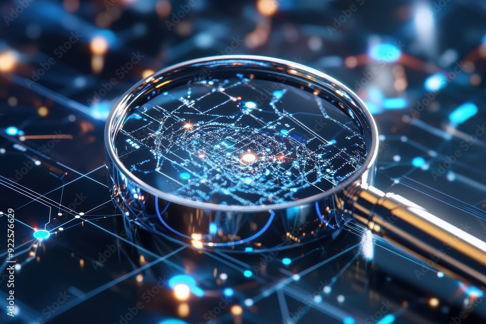 A close-up view of a magnifying glass revealing digital patterns, symbolizing technology and data analysis in a futuristic setting. A close-up view of a magnifying glass revealing digital patterns, symbolizing technology and data analysis in a futuristic setting.