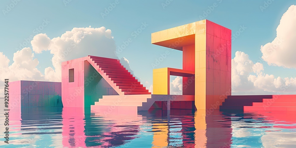Fototapeta premium Abstract Geometric Architecture with Pink, Yellow and Blue Colors