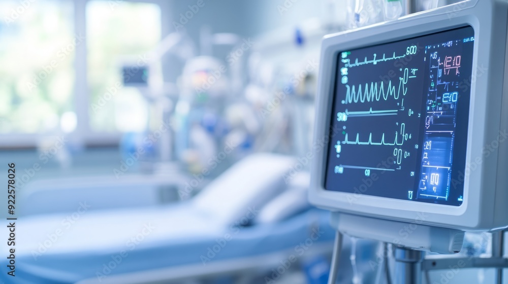 Vital Pulse of Care - A Medical Monitor Illuminates a Hospital Room's Vital Signs amidst a Sunset's Warmth. Vital Pulse of Care - A Medical Monitor Illuminates a Hospital Room's Vital Signs amidst a Sunset's Warmth.