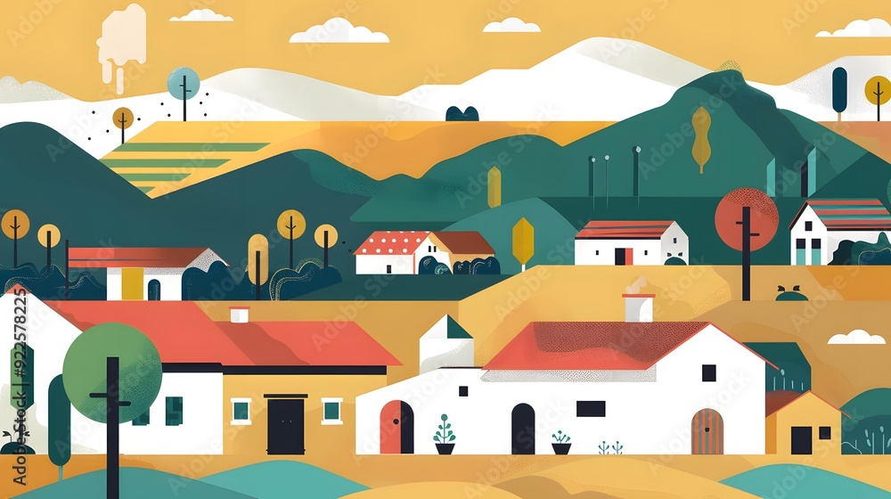 Obraz premium Abstract Mountain Landscape Illustration with Houses and Green Hills