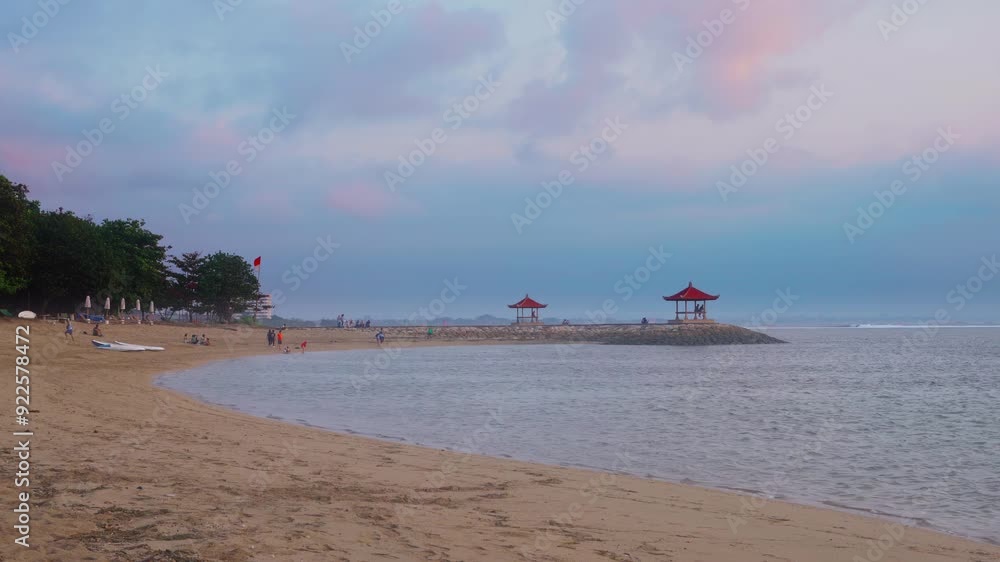 Bali Sanur beach beautiful sand beach with scenery fishing boat in ocean and restaurants along the coastline island Bali, Indonesia 4K Bali Sanur beach beautiful sand beach with scenery fishing boat in ocean and restaurants along the coastline island Bali, Indonesia 4K