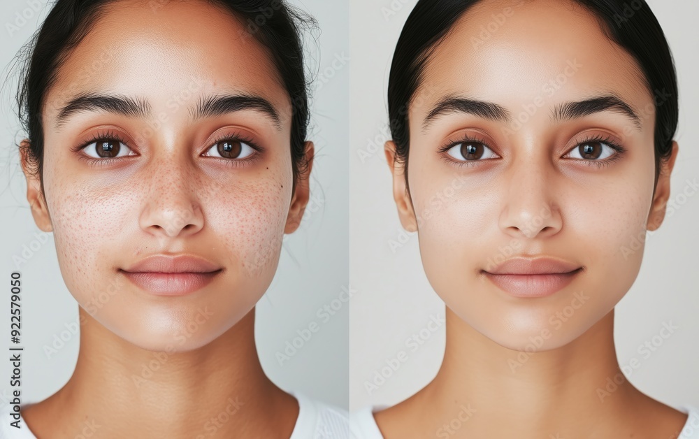 Female face before and after, from acne-prone to clear skin. Effect of skincare pimple treatment: benzoyl peroxide, salicylic acid, retinol, laser therapy. Female face before and after, from acne-prone to clear skin. Effect of skincare pimple treatment: benzoyl peroxide, salicylic acid, retinol, laser therapy.