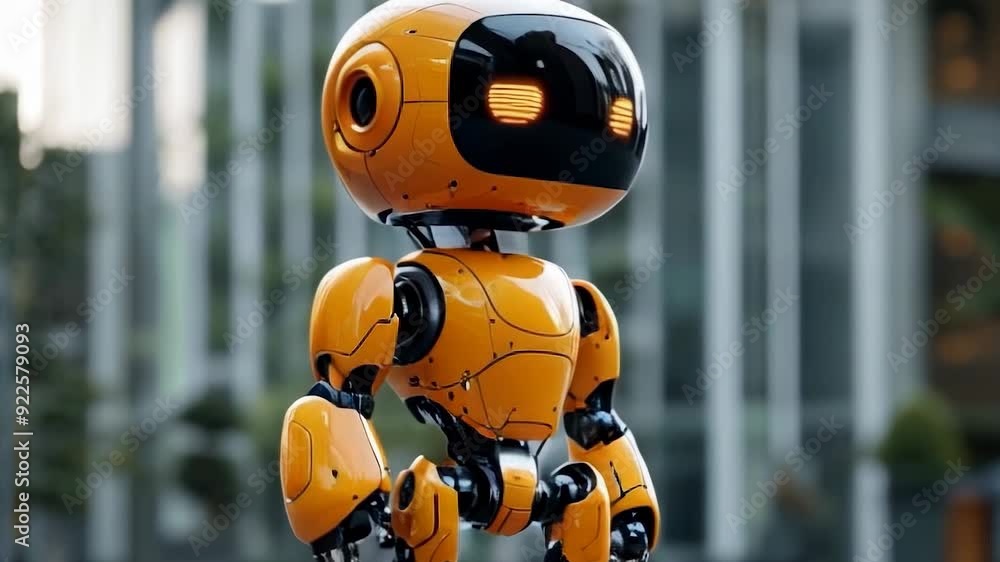 The cheerful robot, painted in bright orange, interacts with its surroundings, capturing attention in a modern cityscape. The cheerful robot, painted in bright orange, interacts with its surroundings, capturing attention in a modern cityscape.