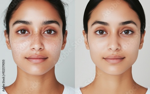 Female face before and after, from acne-prone to clear skin. Effect of skincare pimple treatment: benzoyl peroxide, salicylic acid, retinol, laser therapy. photo