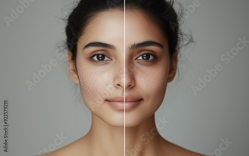 Female face before and after, from acne-prone to clear skin. Effect of skincare pimple treatment: benzoyl peroxide, salicylic acid, retinol, laser therapy. photo