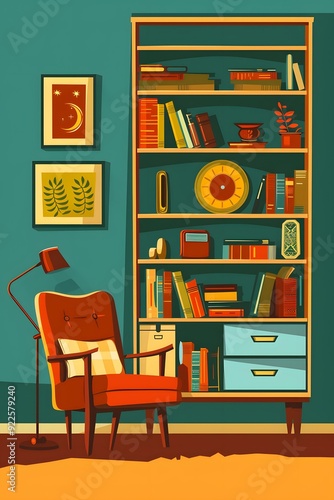 Wallpaper Mural Vintage Interior Design with Bookshelf and Armchair Torontodigital.ca