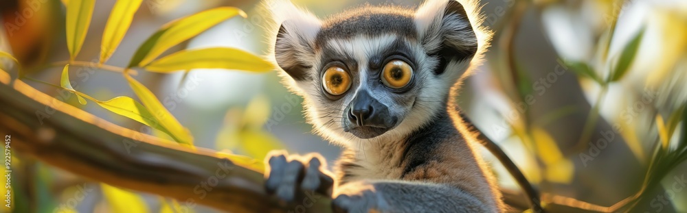A lemur with huge eyes is sitting on a branch A lemur with huge eyes is sitting on a branch