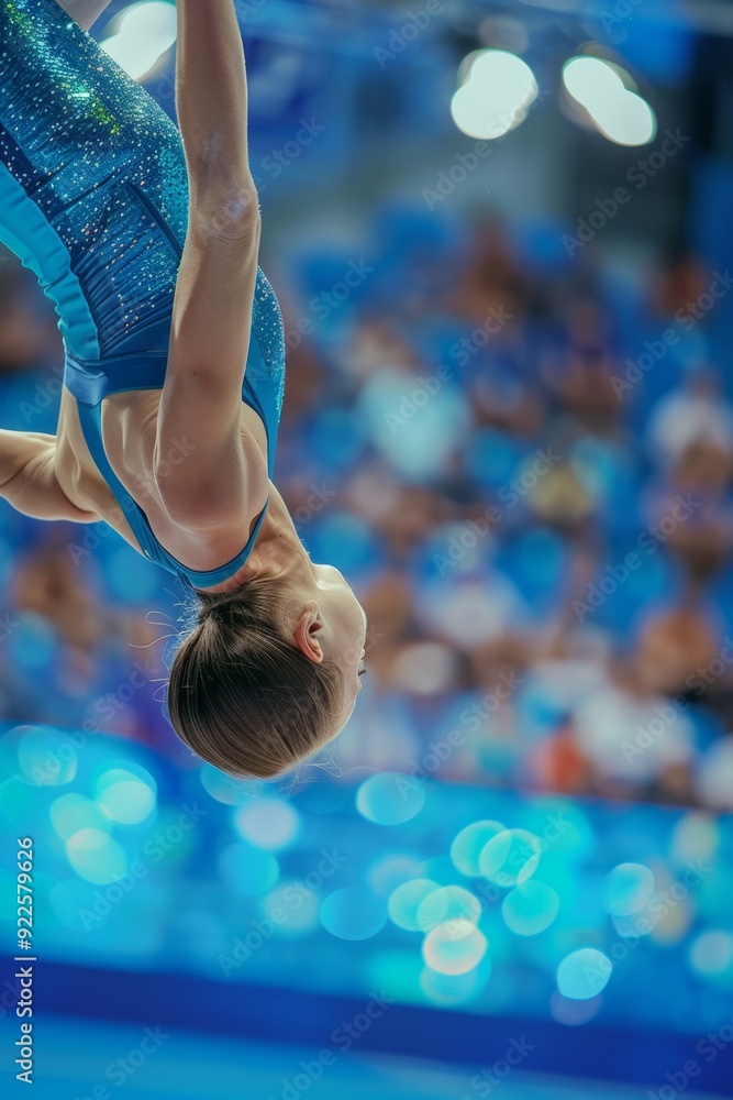 Naklejka premium Graceful Gymnast Mid-Flip with Audience in Background - Sports Photography for Posters, Prints, and Cards