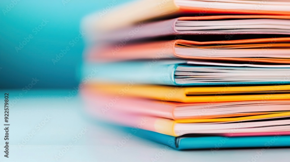 Stack of colorful notebooks on a white surface with a blue background Stack of colorful notebooks on a white surface with a blue background
