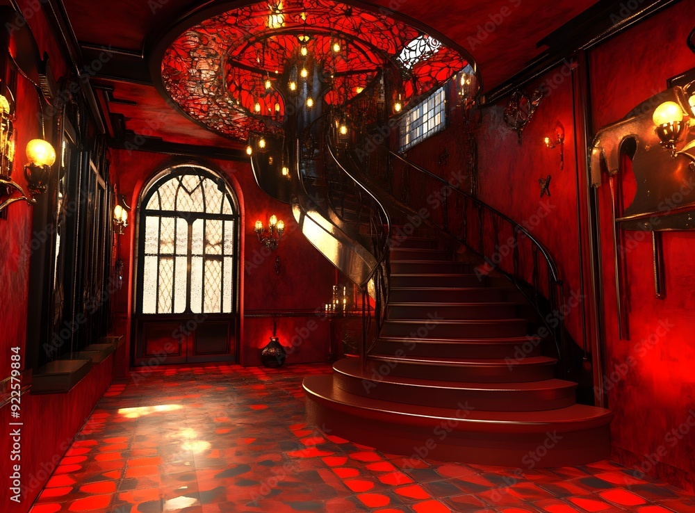 Red Interior with Staircase and Glass Chandelier Red Interior with Staircase and Glass Chandelier