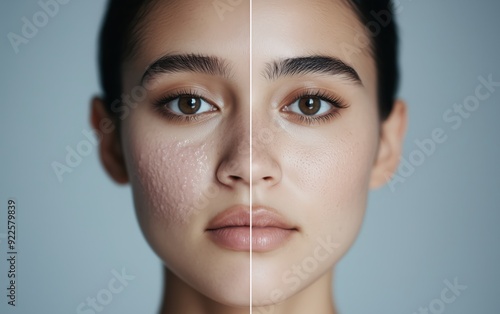 Female face before and after, from acne-prone to clear skin. Effect of skincare pimple treatment: benzoyl peroxide, salicylic acid, retinol, laser therapy. photo