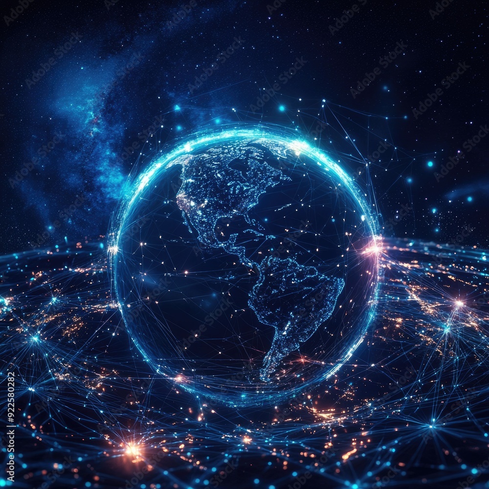 A futuristic visualization of the Metaverse, with a digital Earth surrounded by interconnected networks and virtual spaces A futuristic visualization of the Metaverse, with a digital Earth surrounded by interconnected networks and virtual spaces