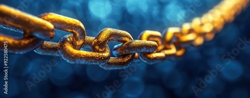 A chain of interconnected golden chains against a blue background, symbolizing the concept of blockchain technology and cybersecurity.  photo