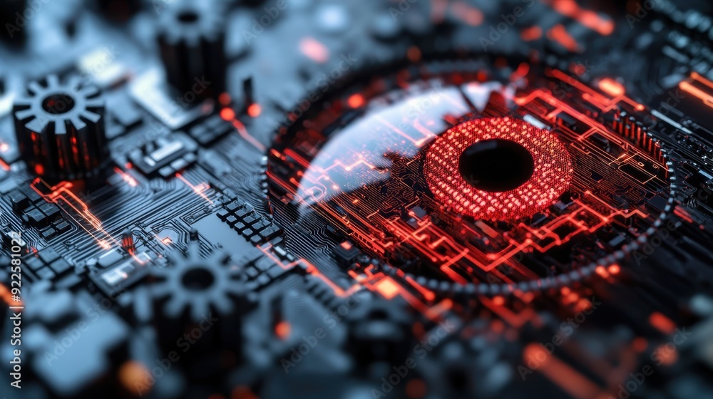 Fototapeta premium A red and black lock icon in front of eye, symbolizing data security, set against a background of gray digital elements, such as gears or cables. 