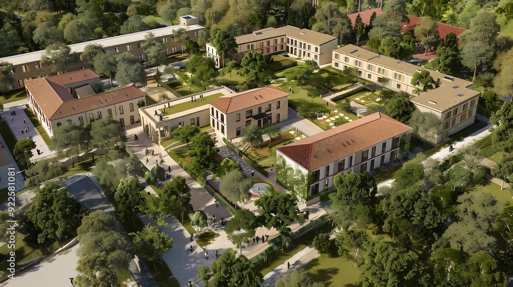 Fototapeta premium Aerial View of Modern Campus Architecture with Trees and People