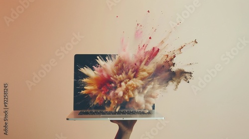 A beige background showcasing a laptop held by a female hand, with abstract, dynamic ideas pouring out, representing creative inspiration