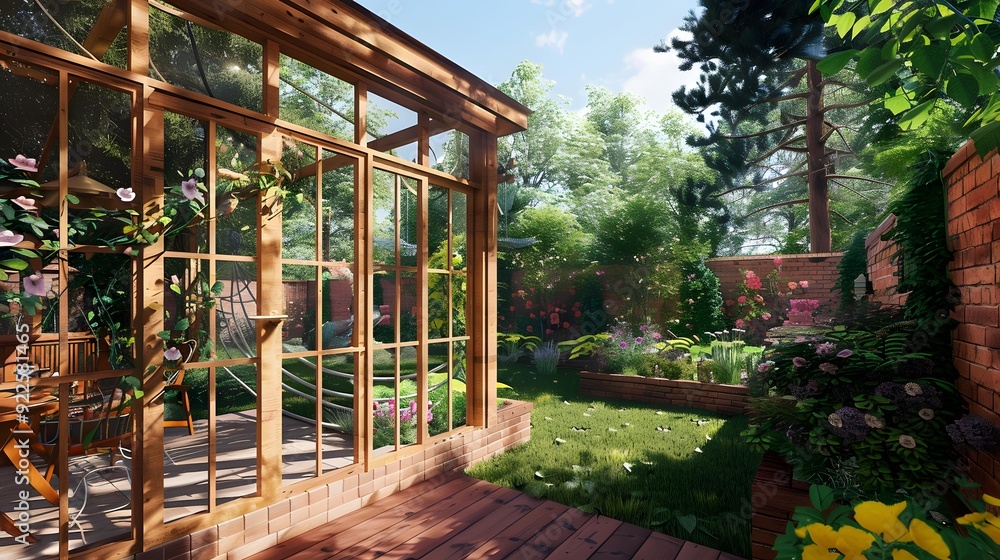 Fototapeta premium Sunlit Garden Patio with Brick Walls and Flowers
