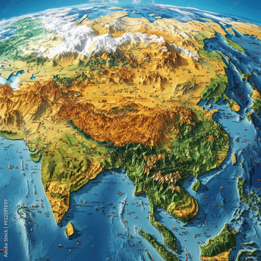 A modern, detailed map of Asia, displaying its diverse regions and landscapes with clear labeling and digital precision A modern, detailed map of Asia, displaying its diverse regions and landscapes with clear labeling and digital precision
