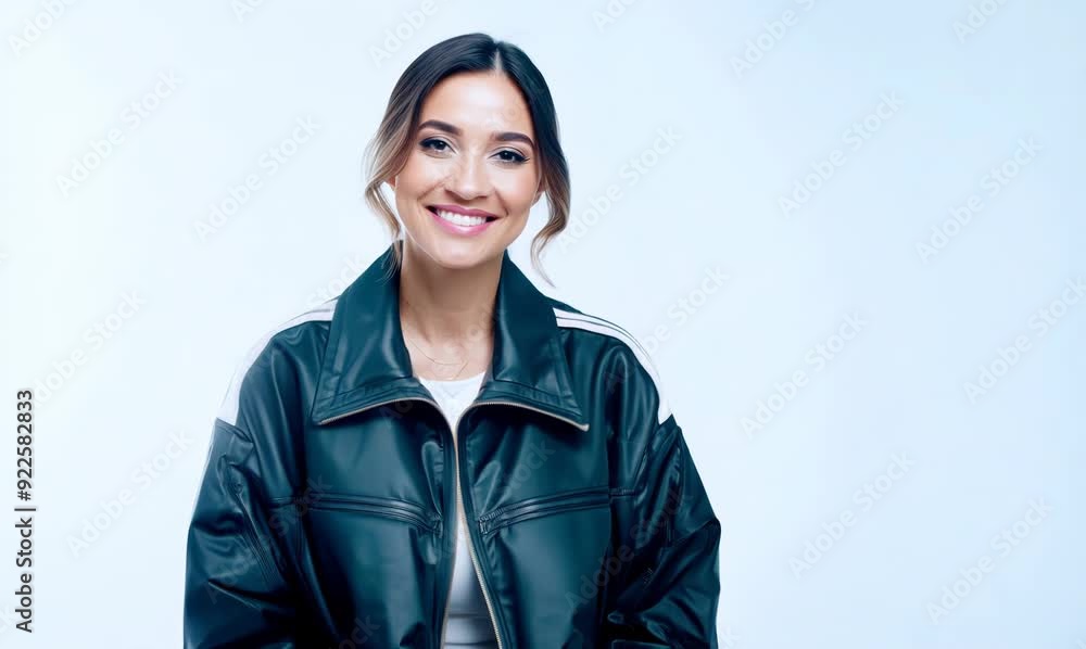 Portrait of a young smiling woman in leather jacket on white background Portrait of a young smiling woman in leather jacket on white background