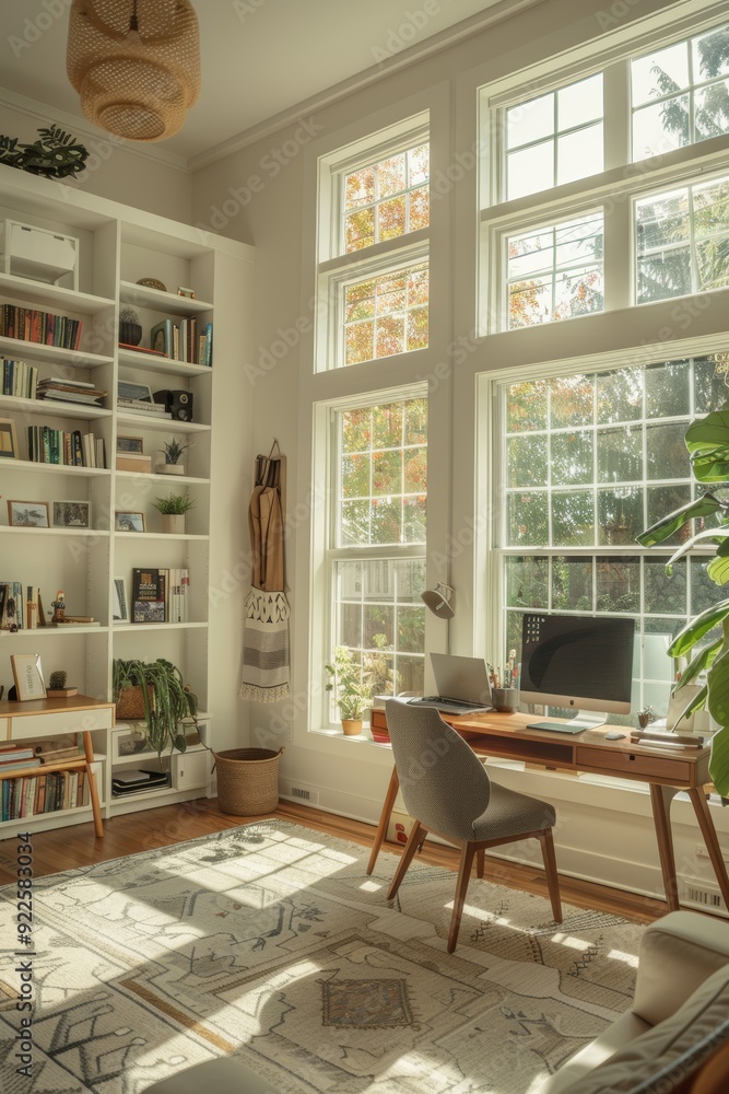 Bright Home Office Setup with Desk, Computer, Bookshelves, and Large Windows - Ideal for Remote Work Bright Home Office Setup with Desk, Computer, Bookshelves, and Large Windows - Ideal for Remote Work